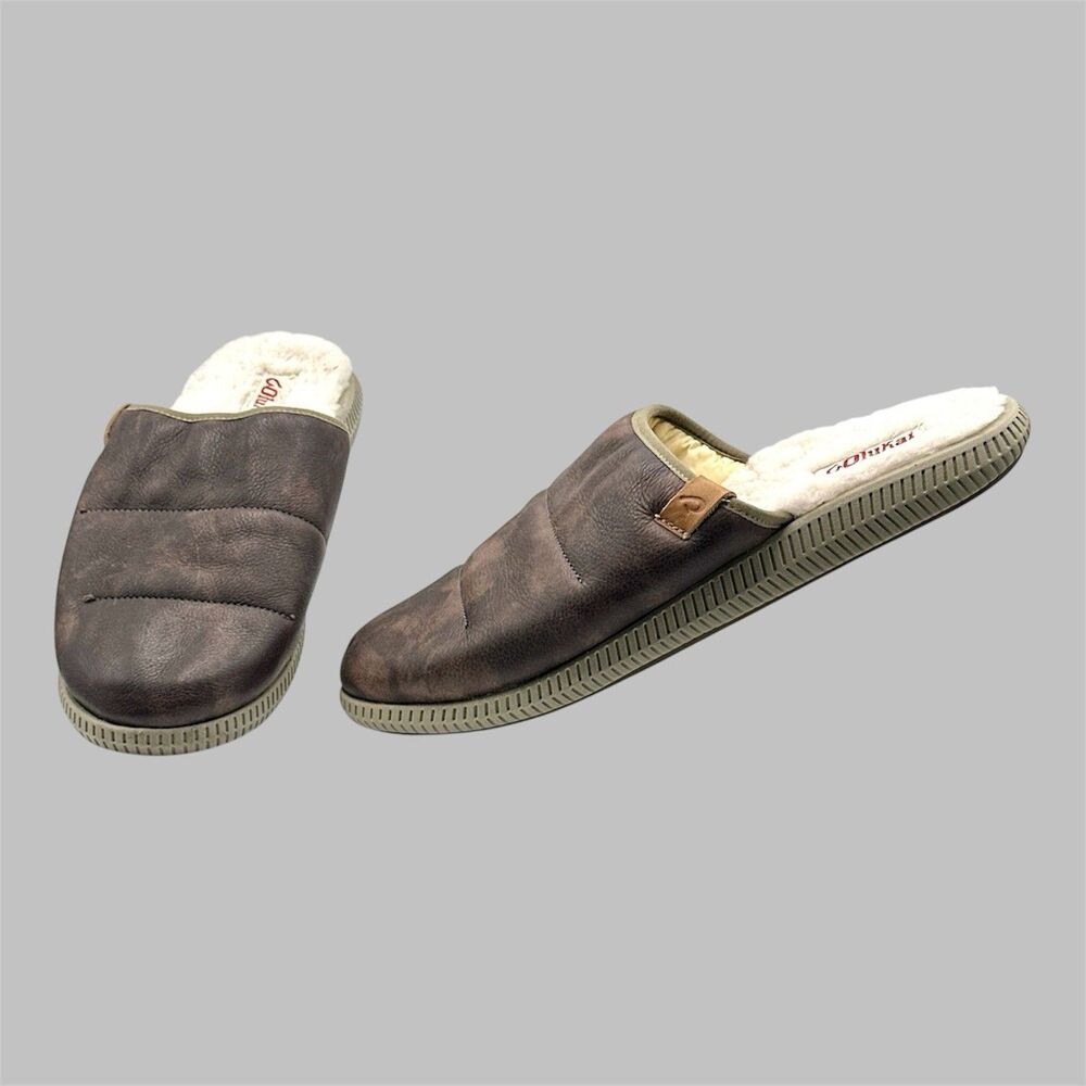 Olukai Mua Ili Slippers Mens 12 Brown Leather Slip On Shoes Shearling Lined Mule